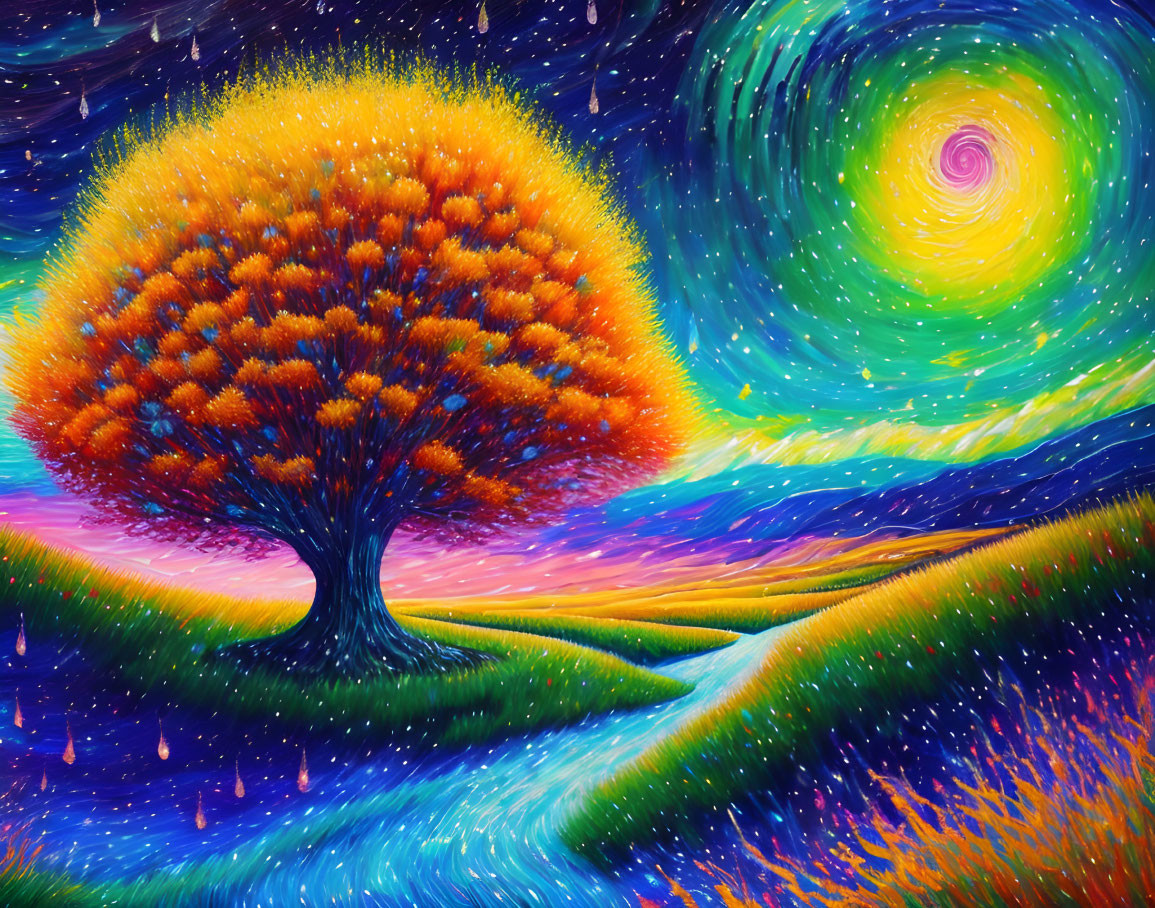 Colorful painting of lone tree with orange leaves under starry sky