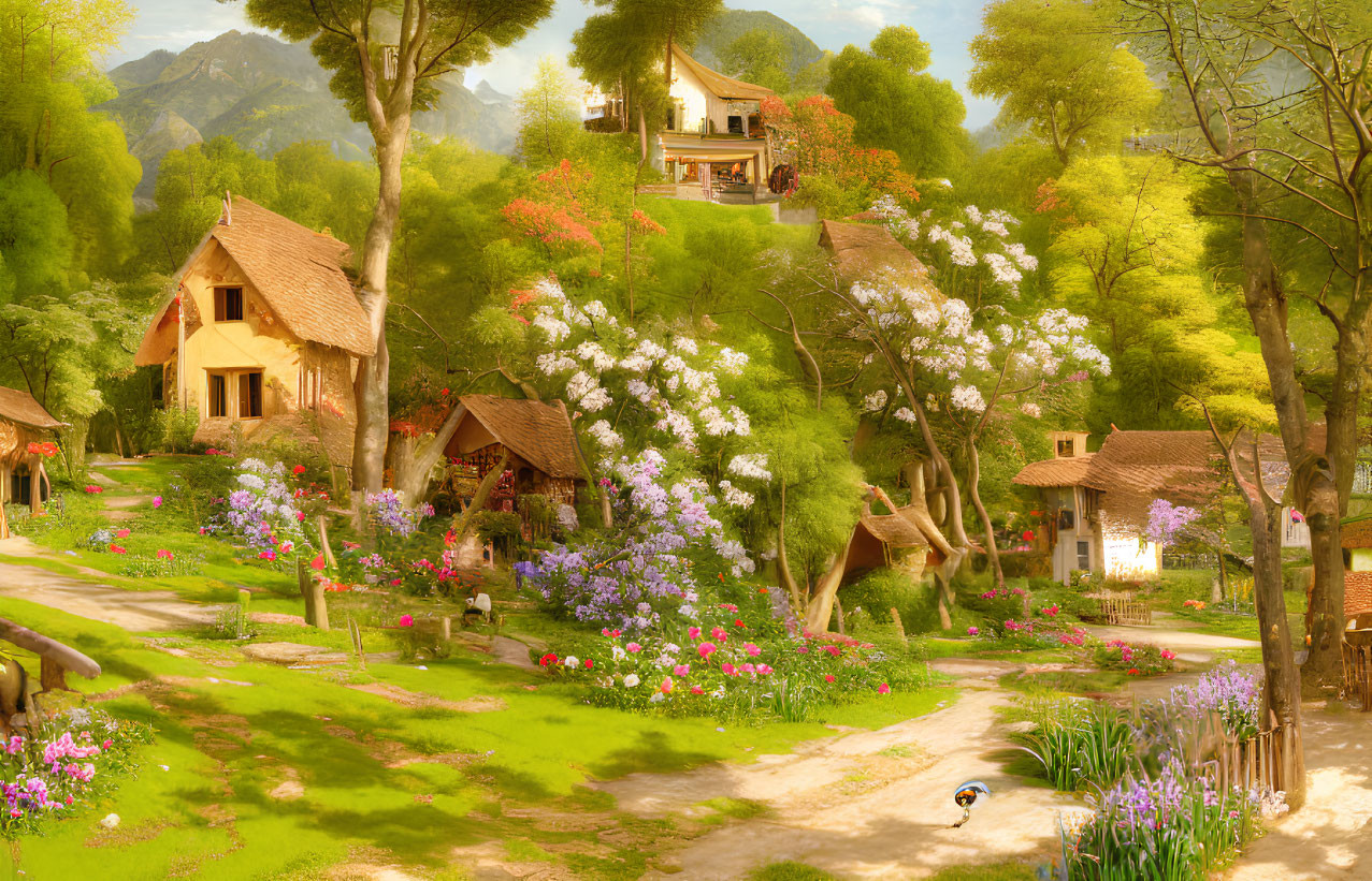 Scenic village with charming houses, greenery, flowers, and mountains.