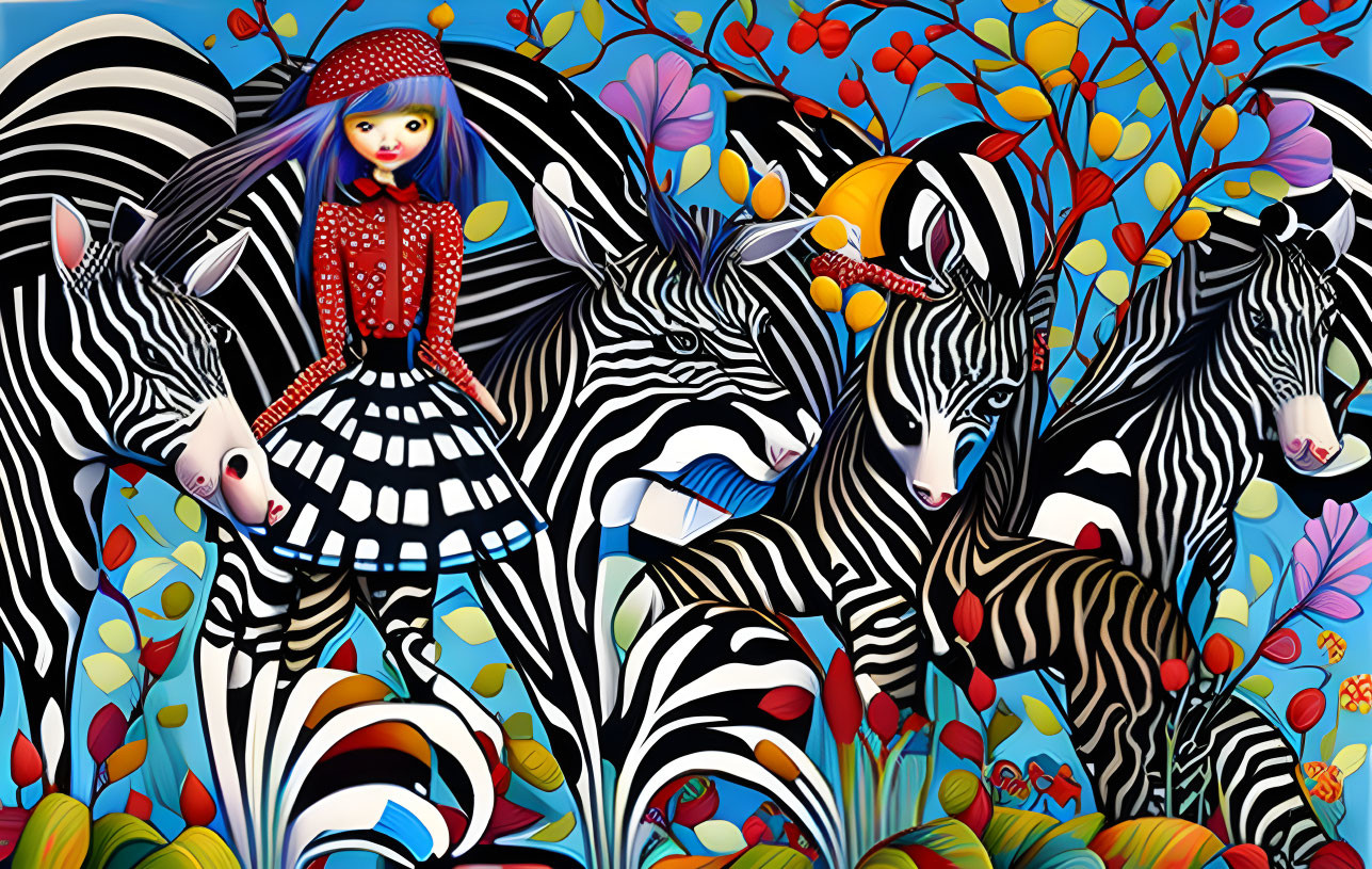 Colorful Artwork: Stylized Girl with Purple Hair Among Zebras in Whimsical Forest