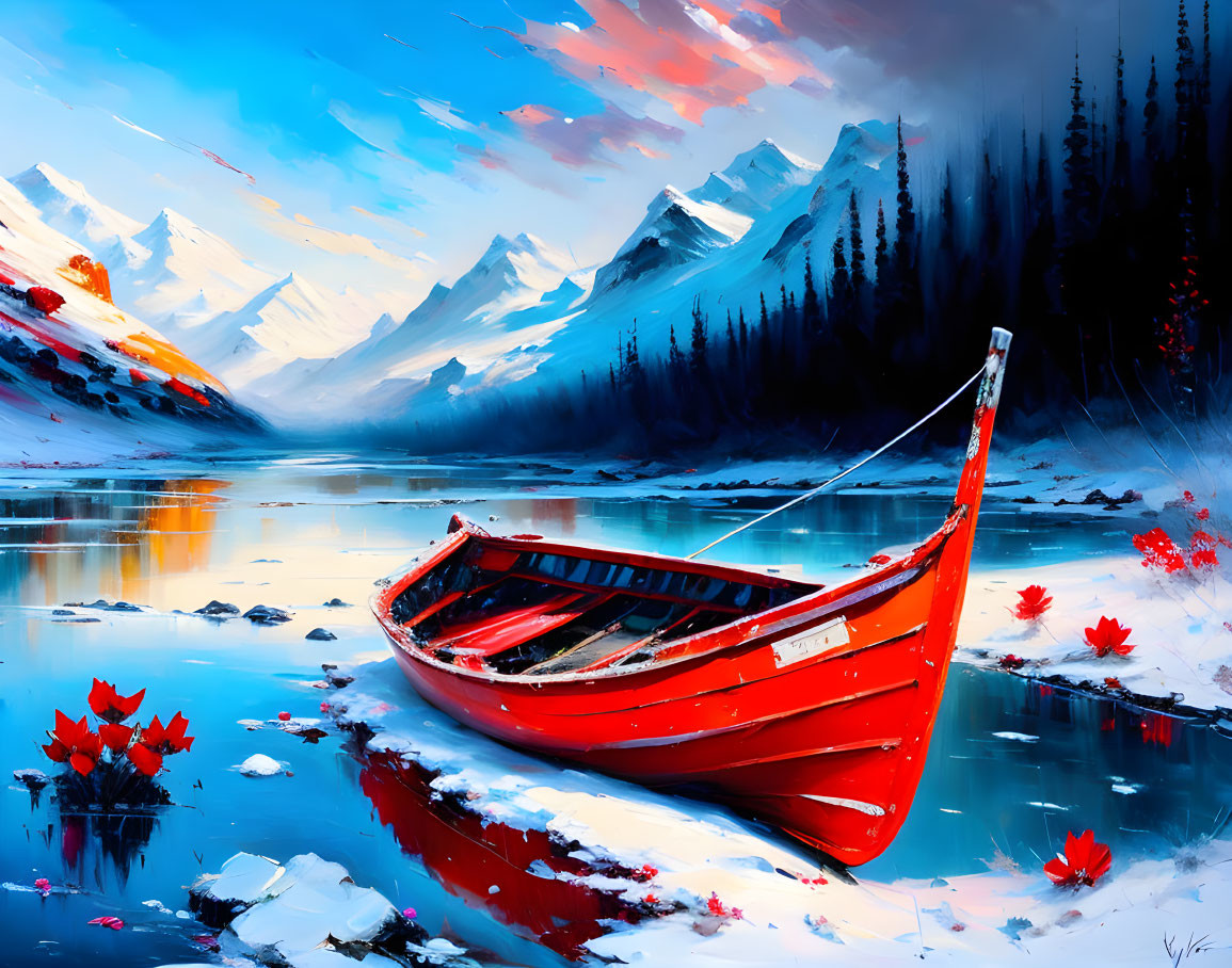 Scenic painting: red boat on snowy mountain lake with red leaves, blue sky