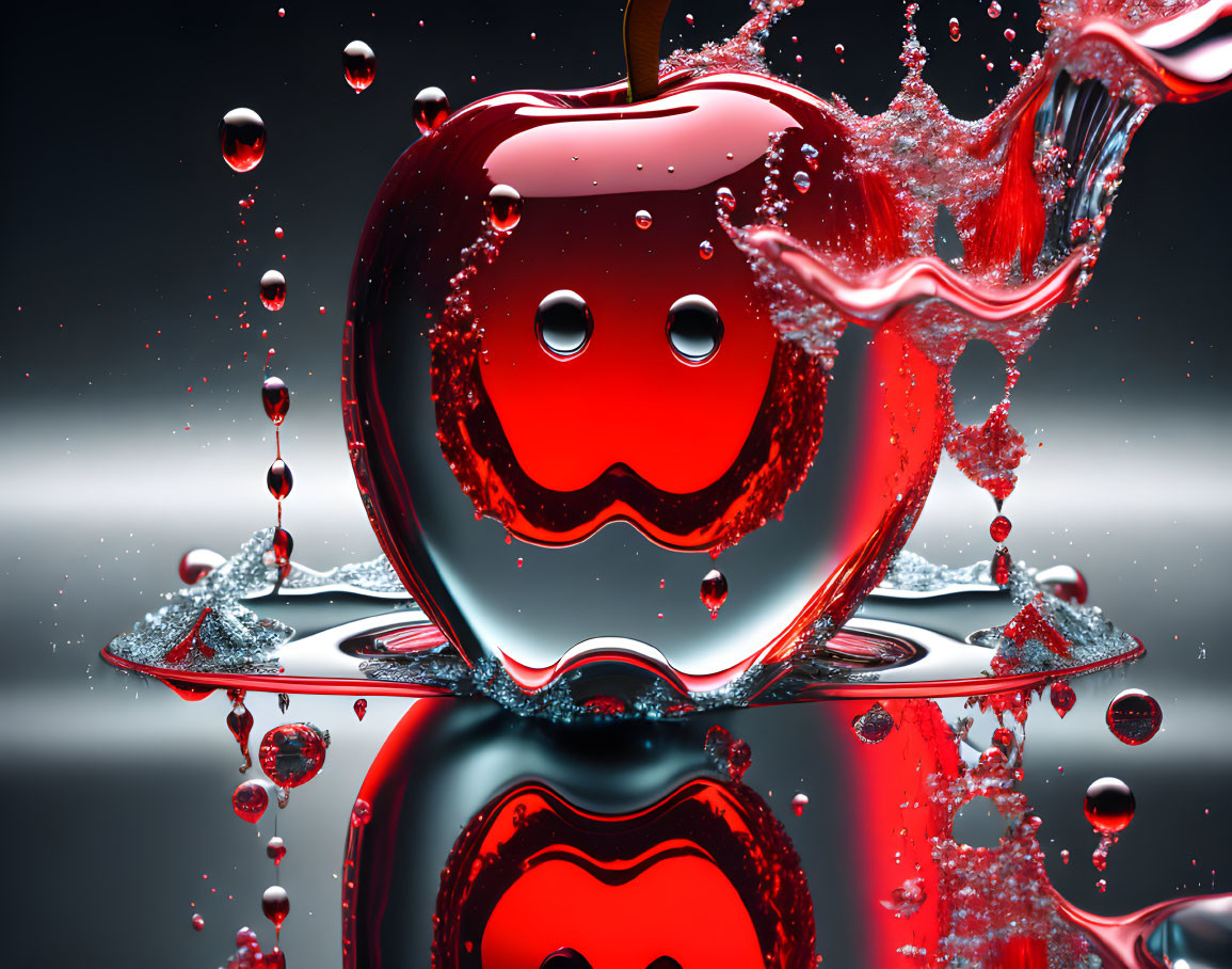 Bright red apple with water splash on reflective surface