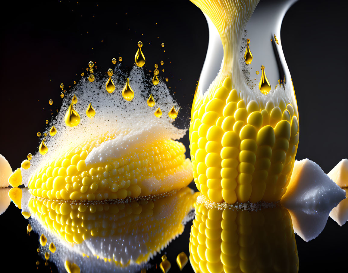 Golden corn kernels popping out against dark background - abstract splash effect