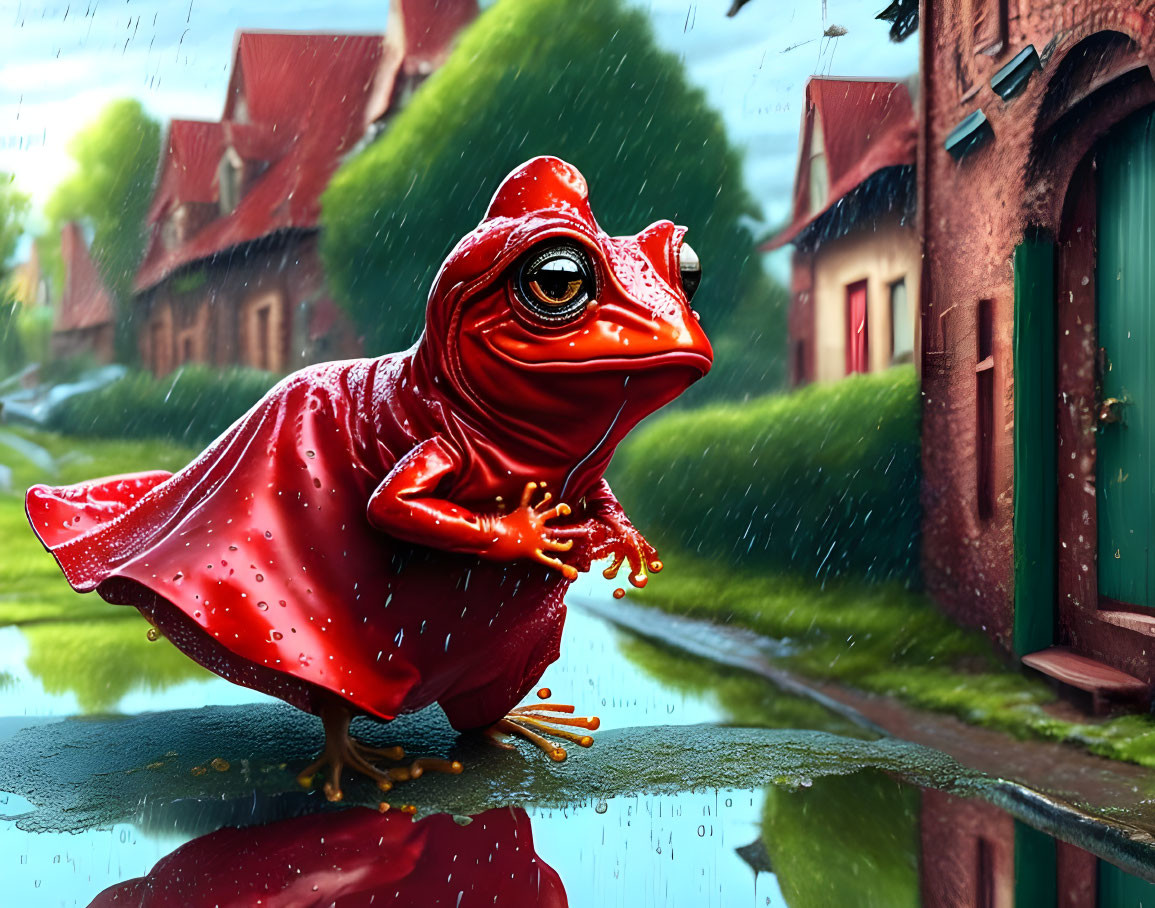 Red frog in cape on wet surface with raindrops and houses - vivid image.