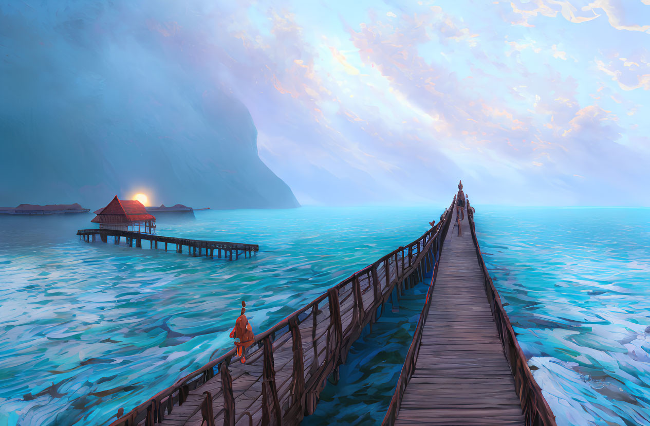 Tranquil landscape with wooden pier, hut, cliffs, and sunset sky