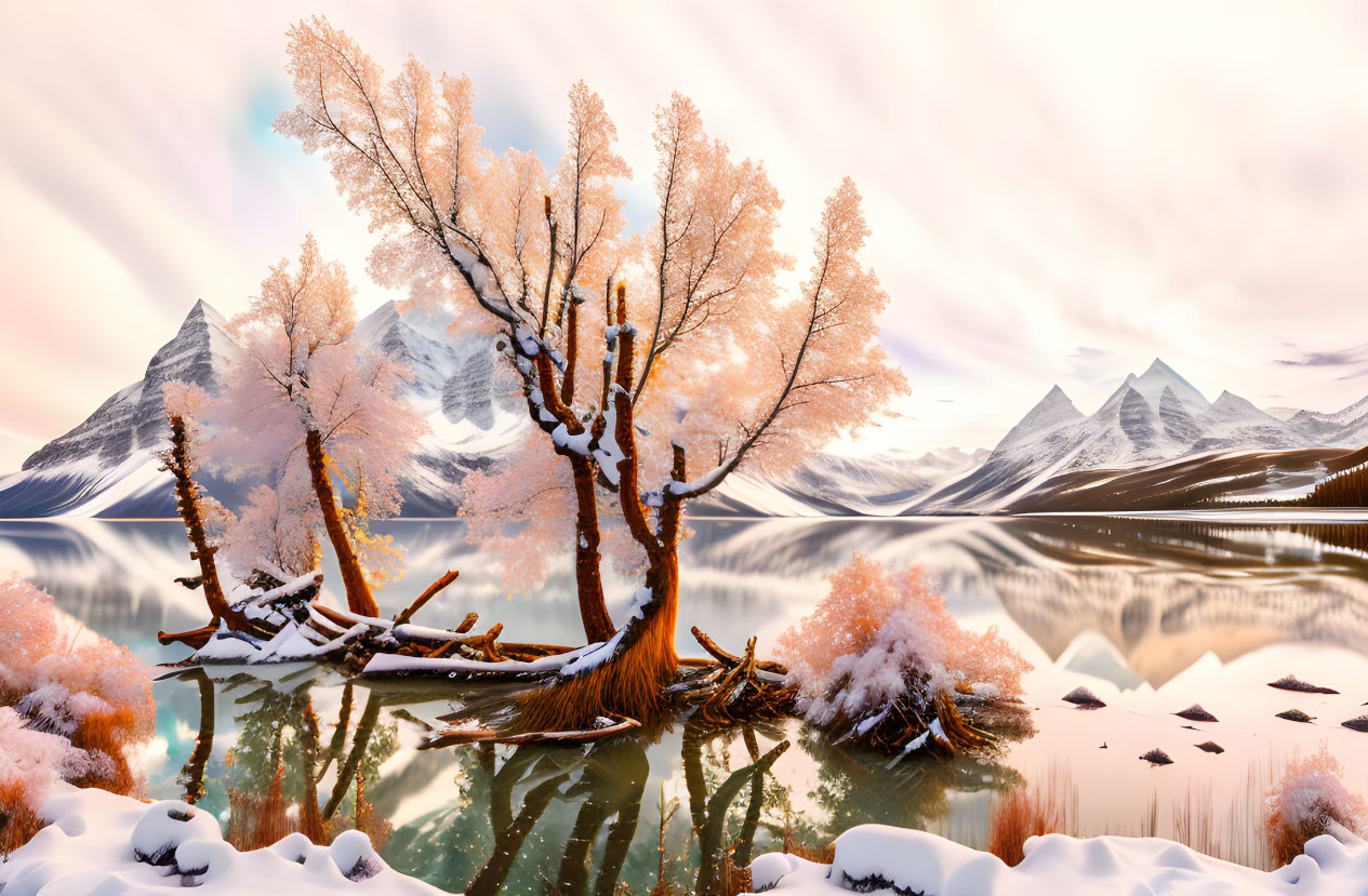 Snowy Trees and Autumn Leaves by Calm Lake with Snowy Mountains and Pink Sky