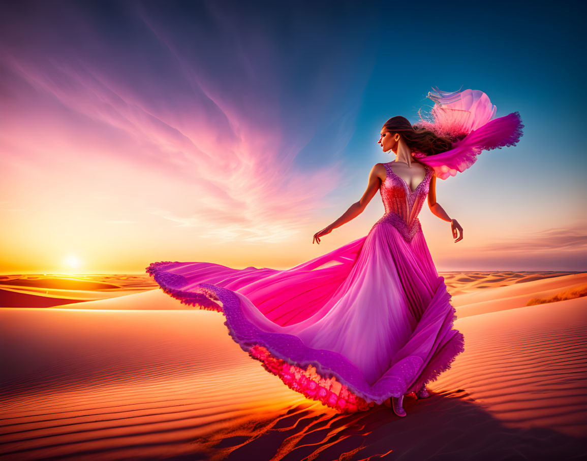 Woman in pink dress spinning on desert dune at sunset