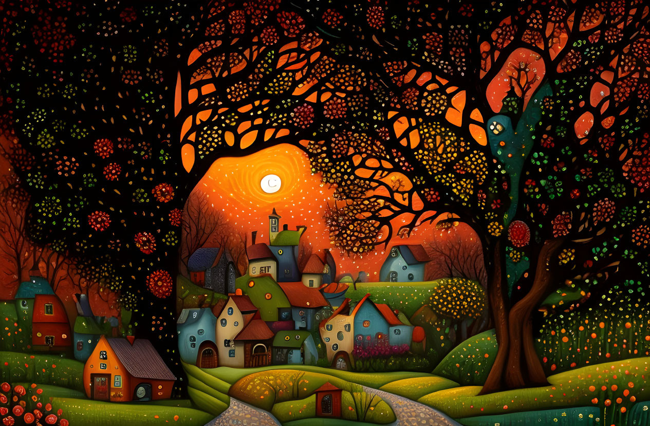 Colorful illustration of quaint village and vibrant trees with setting sun