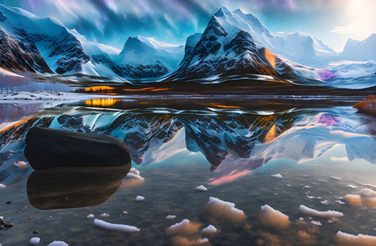 Snow-capped mountains reflected in calm lake at twilight