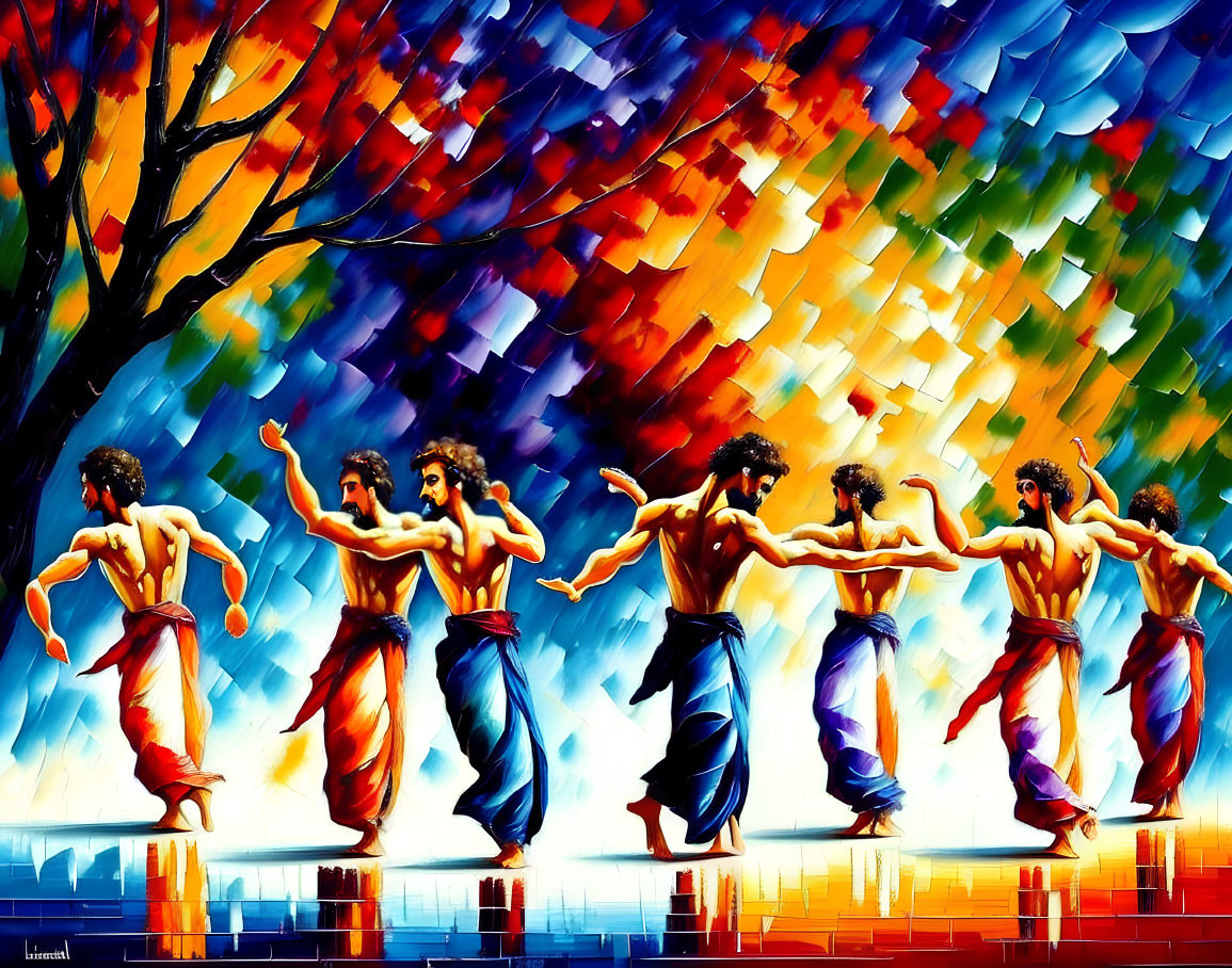 Colorful painting of seven people dancing under blue skies and autumn trees