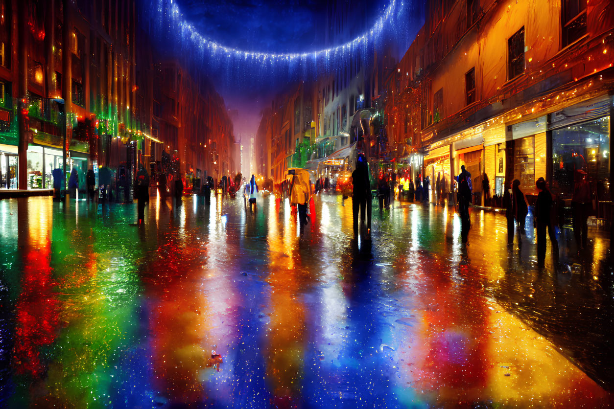 Colorful Night Scene: Vibrant City Street with Crowds & Shop Windows