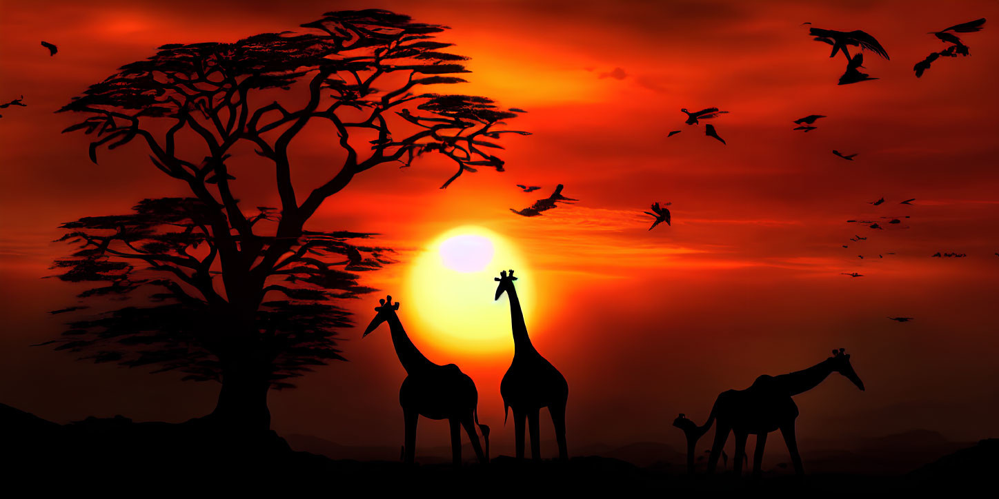 African savannah sunset with giraffes, Acacia tree, and birds in flight