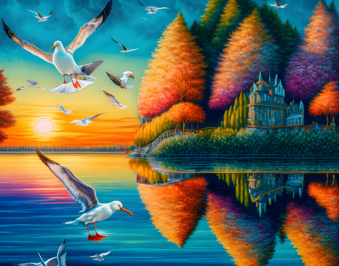 Autumn sunset: Seagulls, lake, colorful trees, and castle reflection