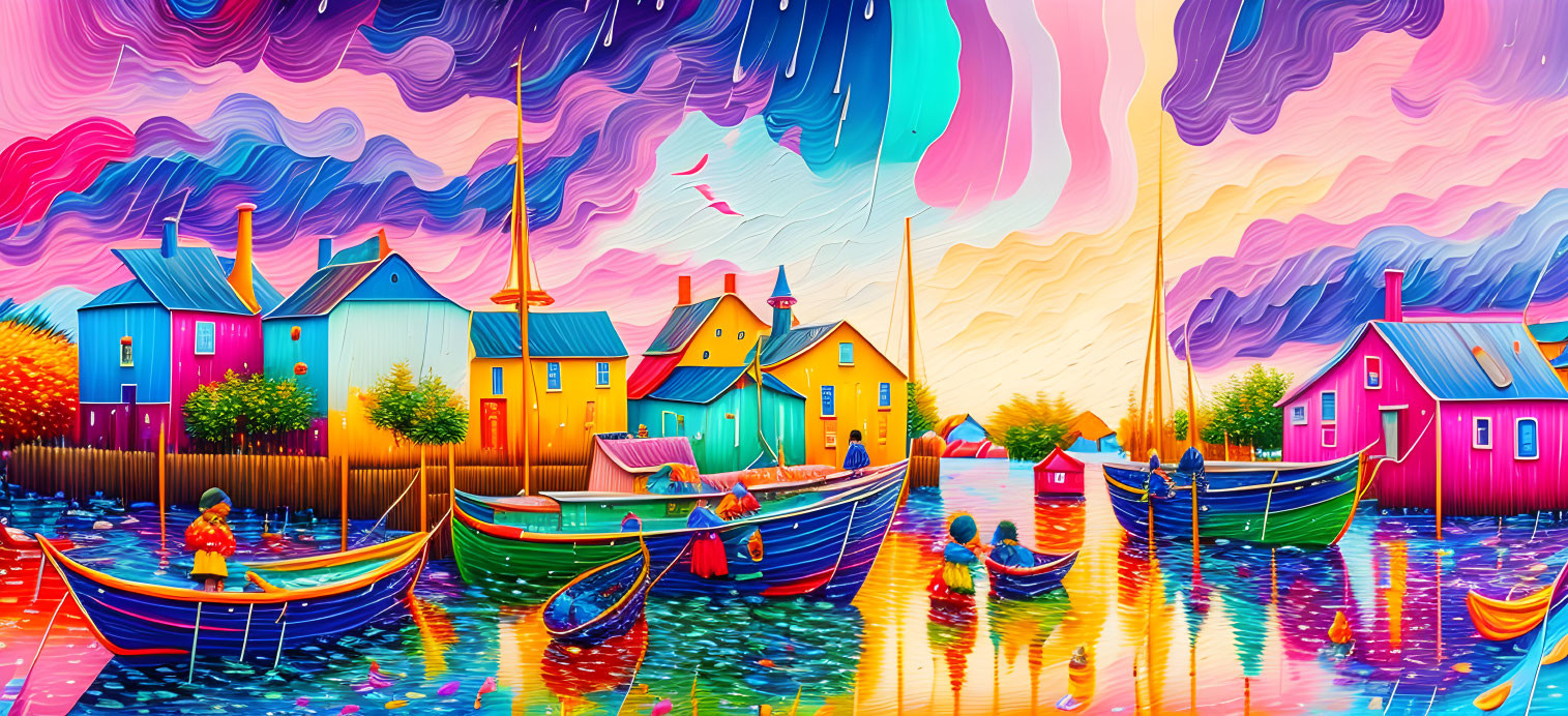 Colorful Houses by Water: Whimsical Painting of Boats and Playful Skies