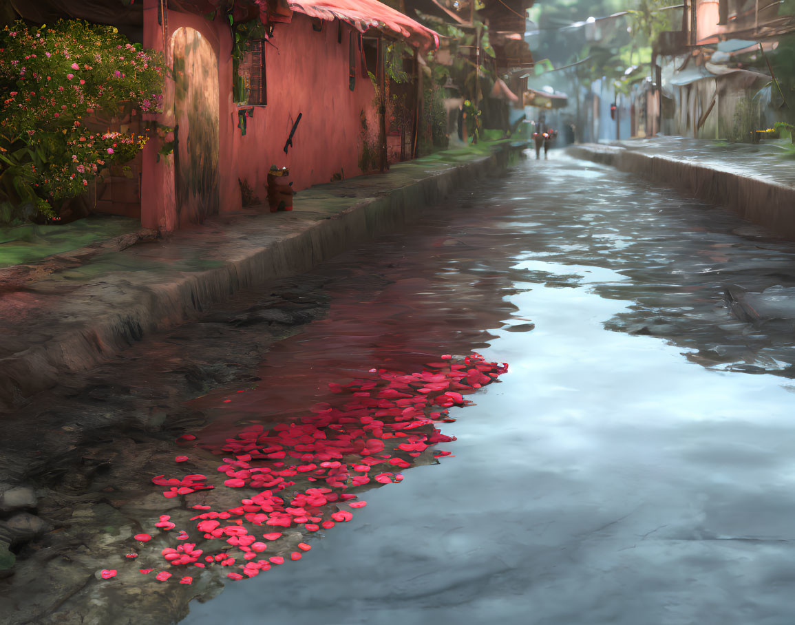 Traditional architecture and cobblestone street with flowers and person afar.