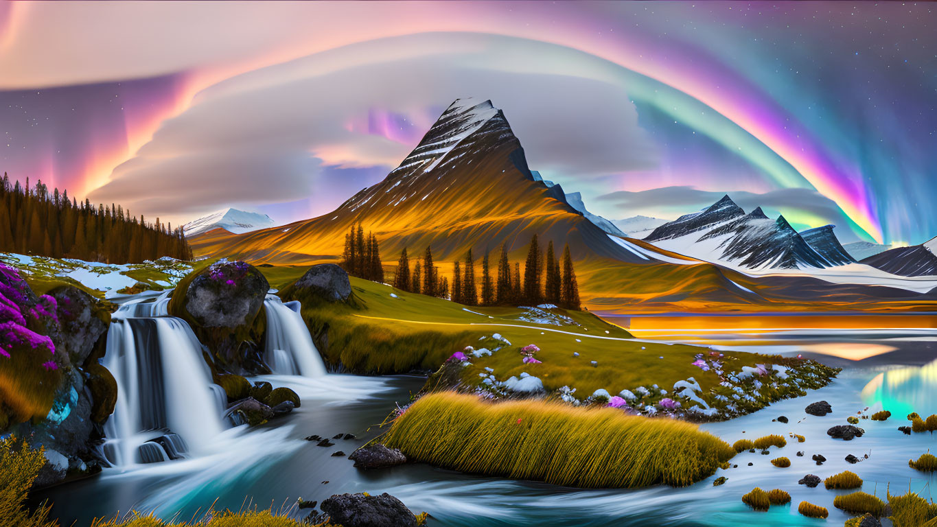 Colorful Aurora Sky Over Mountain Landscape with Waterfalls