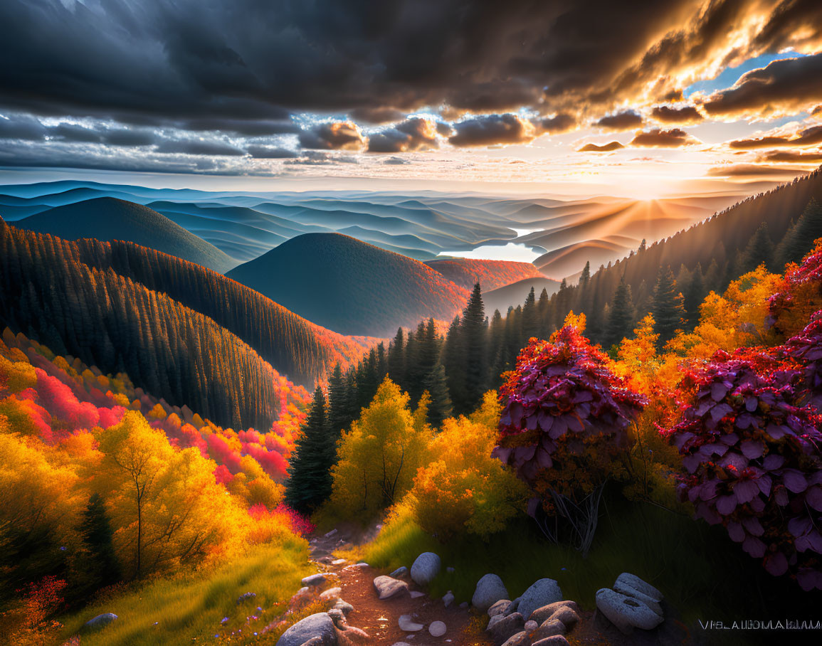 Vivid Landscape with Rolling Hills and Autumn Forest Under Colorful Sky