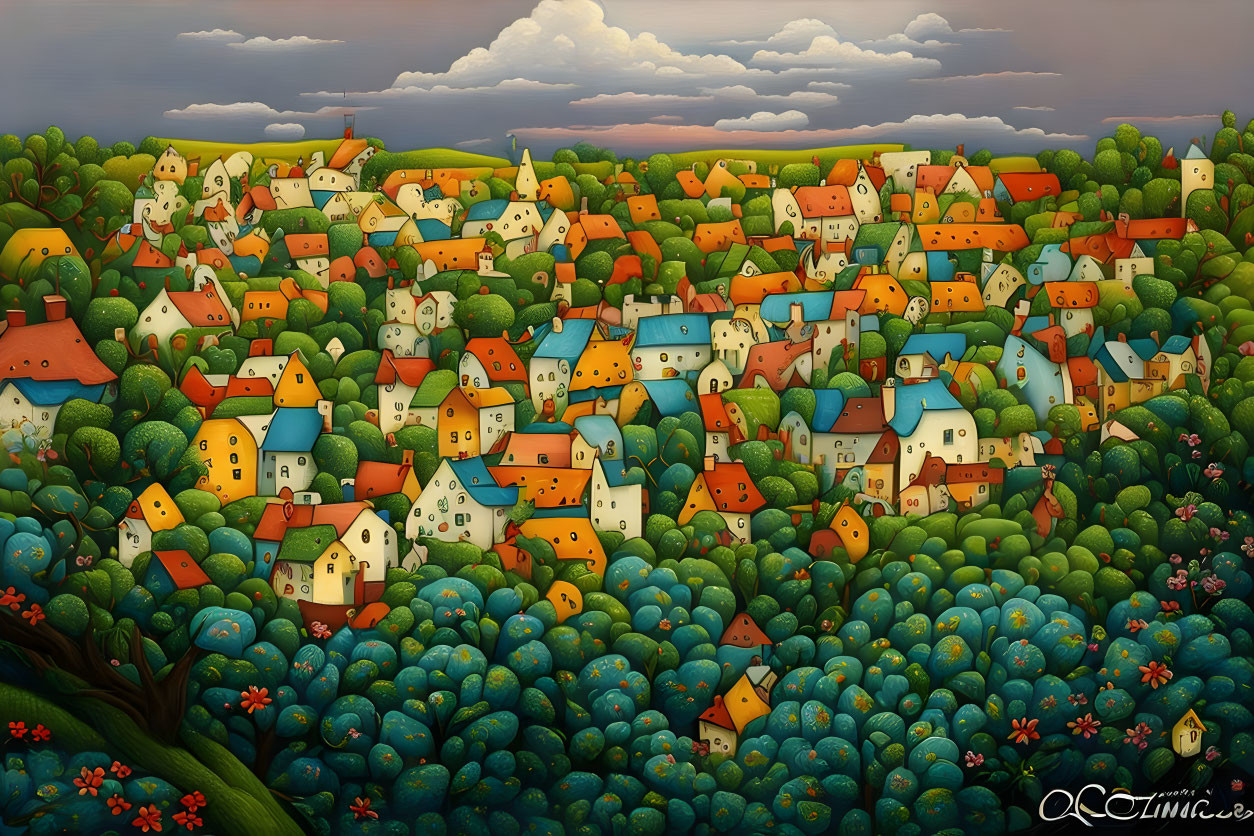 Colorful Clustered Houses in Rolling Green Hills at Sunset