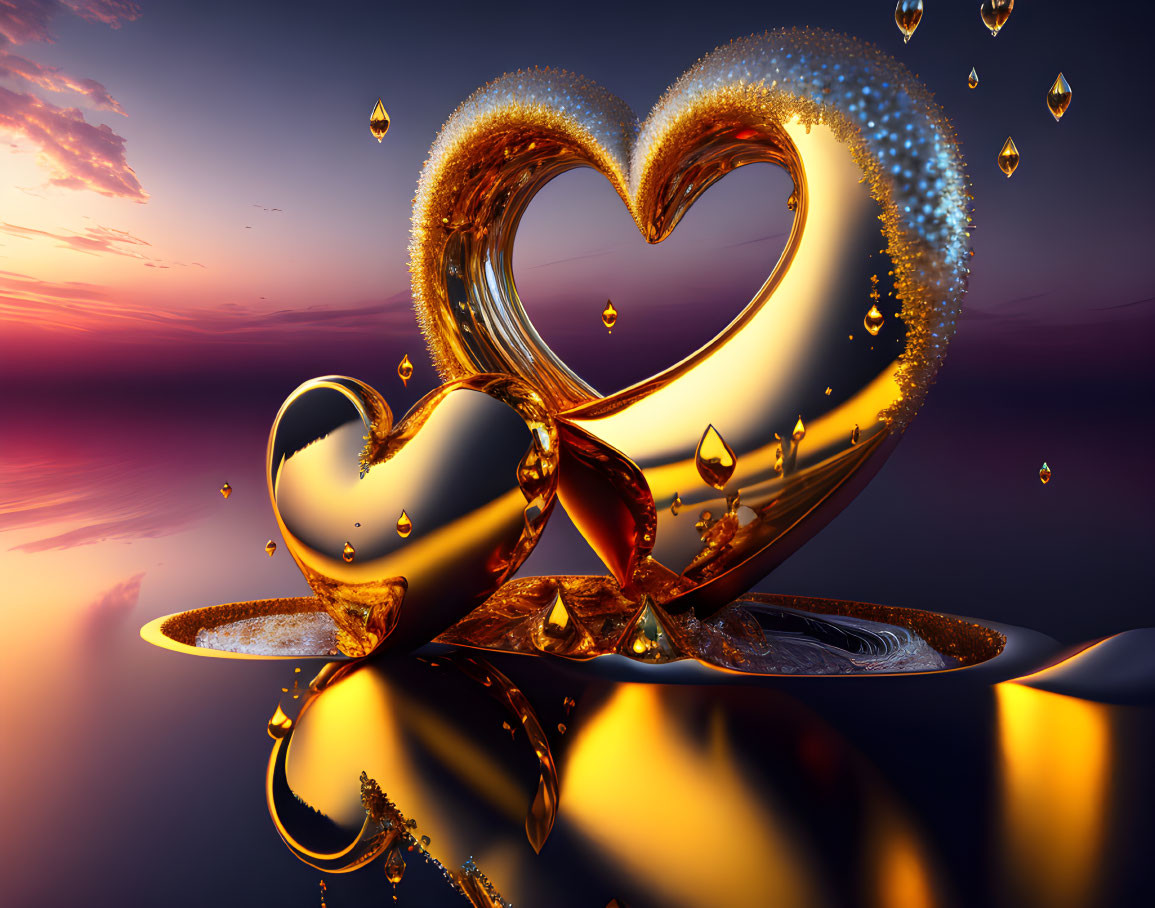 Intertwined golden hearts with reflective surface against purple and orange sunset sky