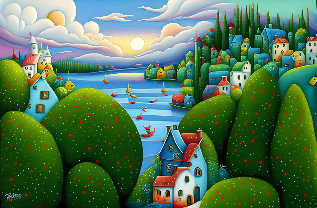 Colorful Stylized Houses in Whimsical Landscape