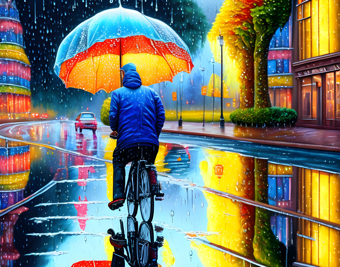 Night Scene: Cyclist in Blue Jacket with Umbrella on Reflective Wet Street