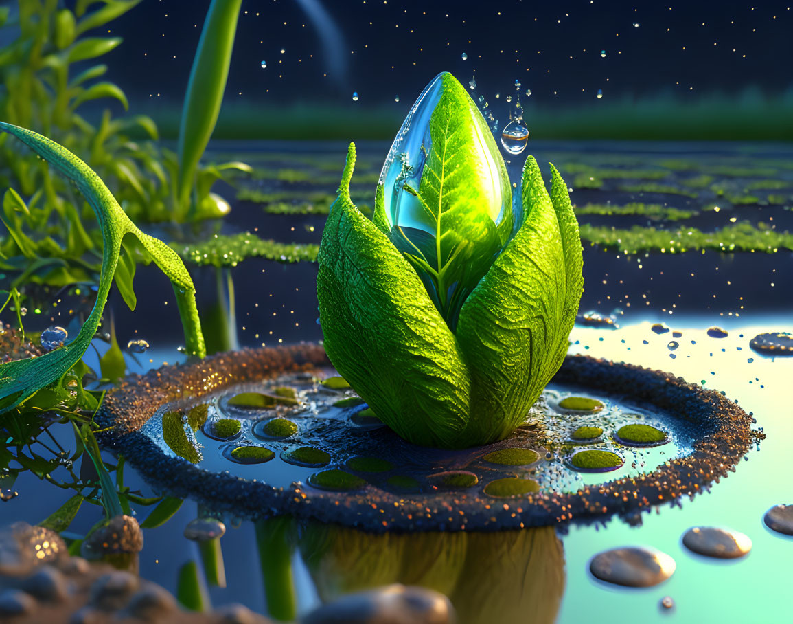 Dew-covered gem-like plant among water droplets and lily pads under starry sky