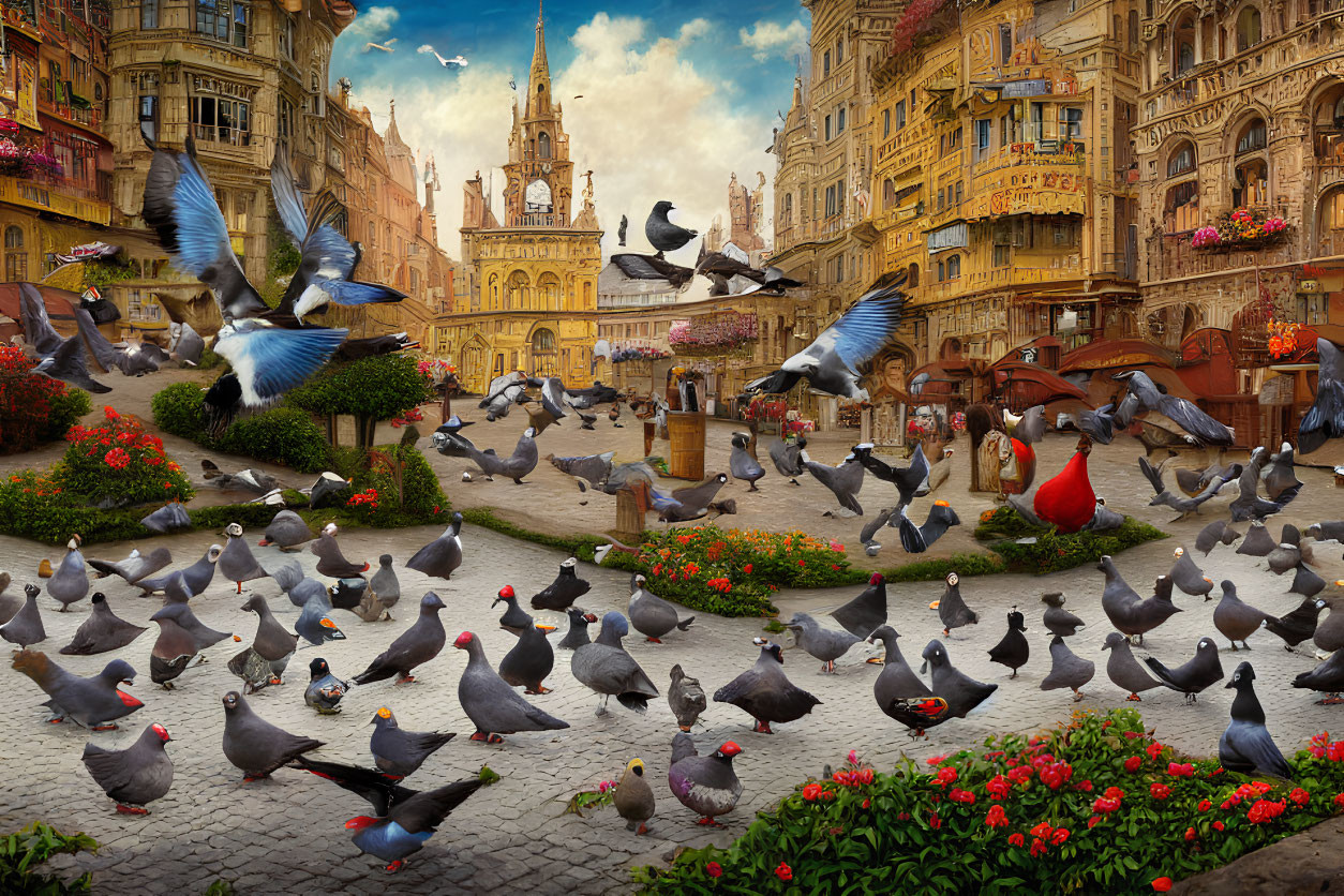 Town Square Scene with Pigeons, Historic Architecture, Florals, and People