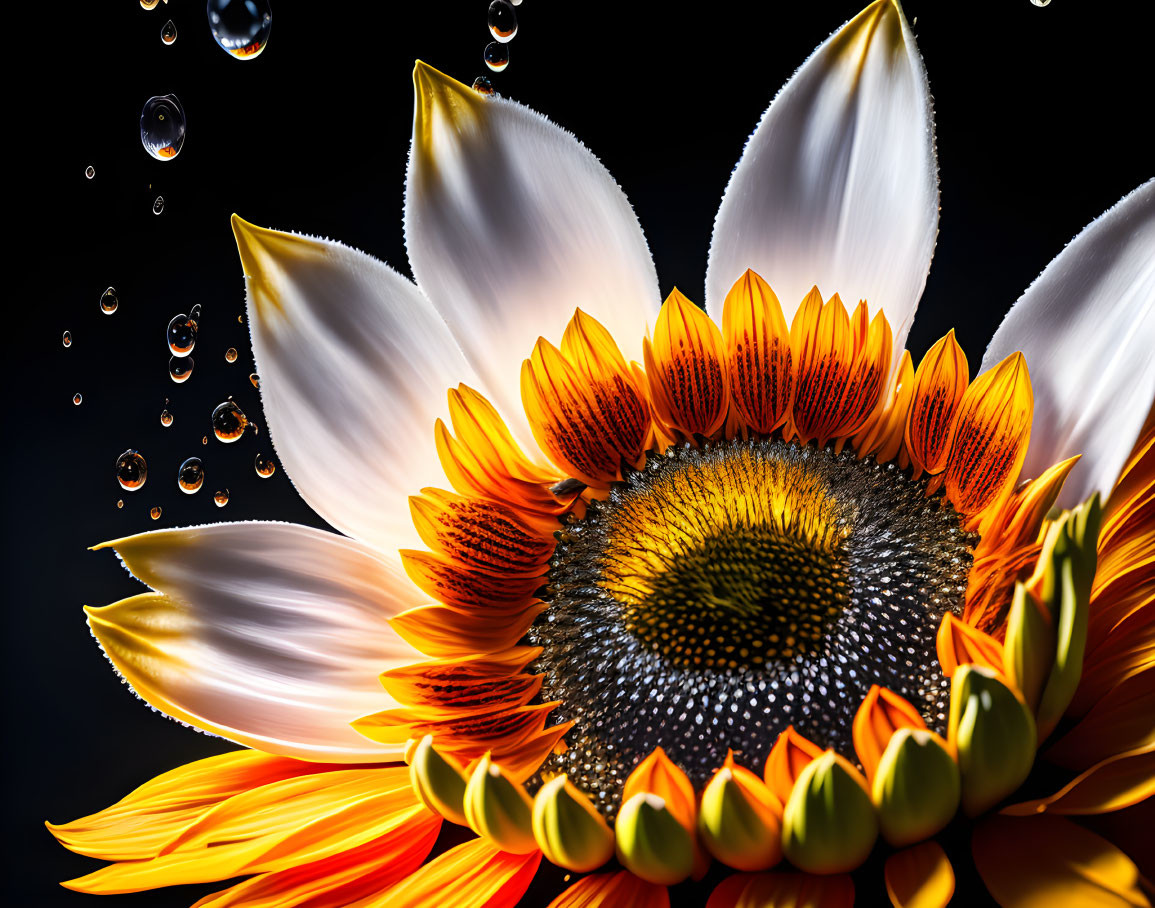 Sunflower with water droplets on dark background