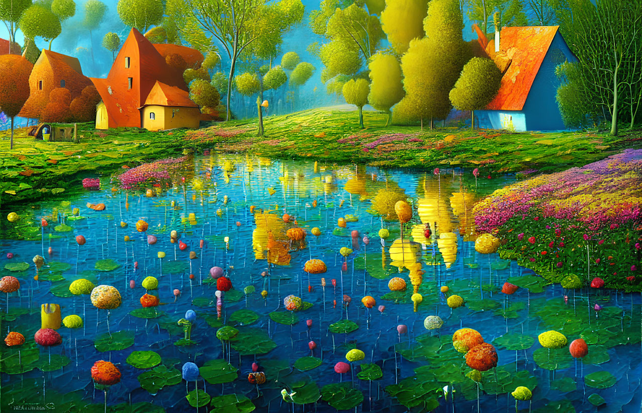 Whimsical landscape painting with colorful trees and quaint houses