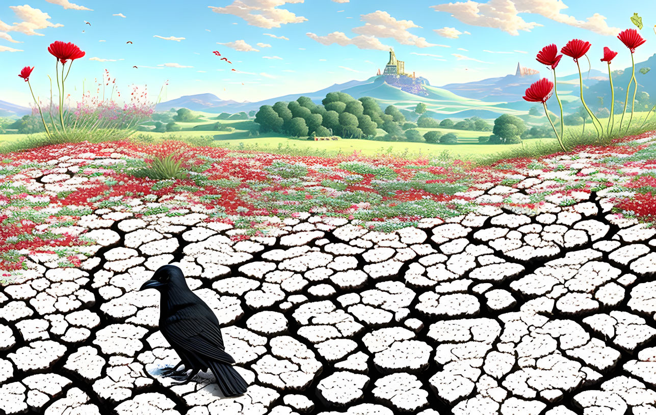 Black bird on cracked earth near red and white flowers, castle on hill under blue sky.