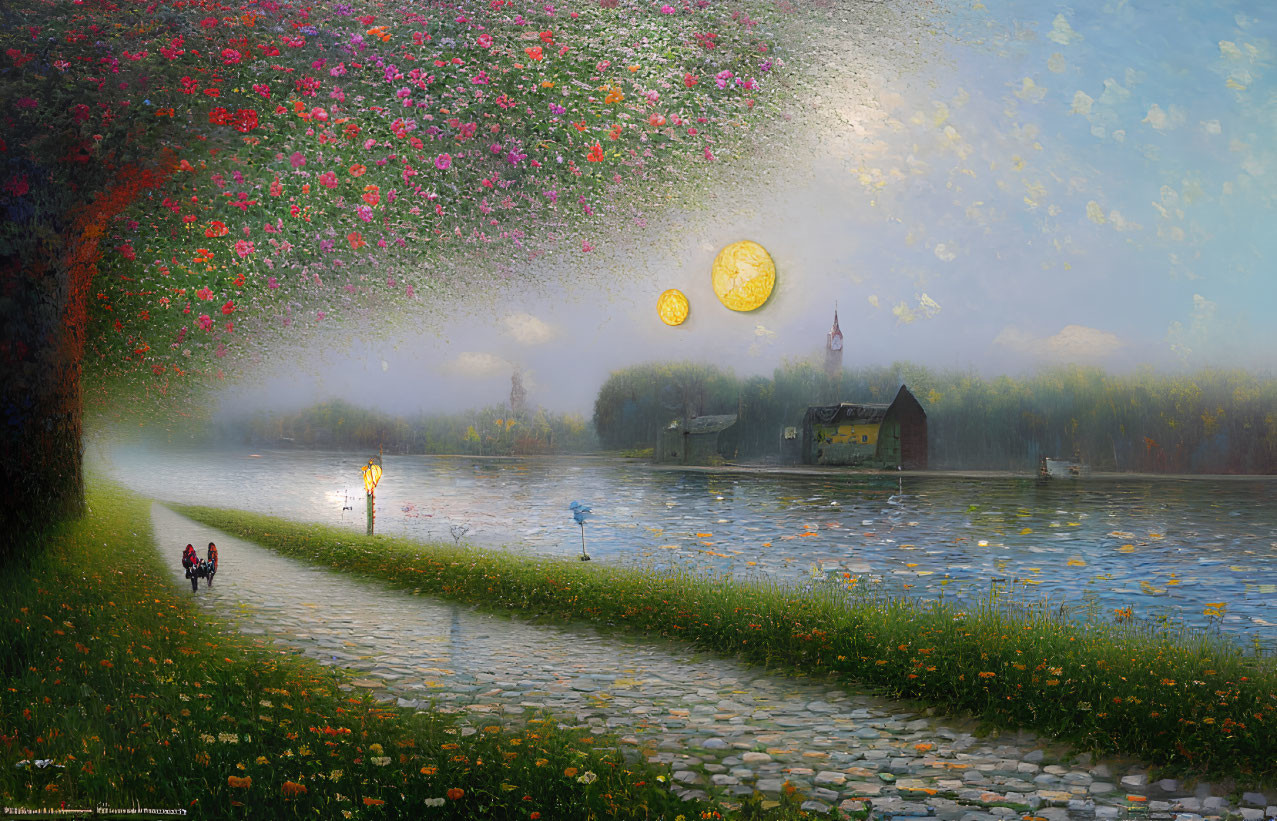 Couple walking by river in scenic landscape with vibrant flowers and two moons