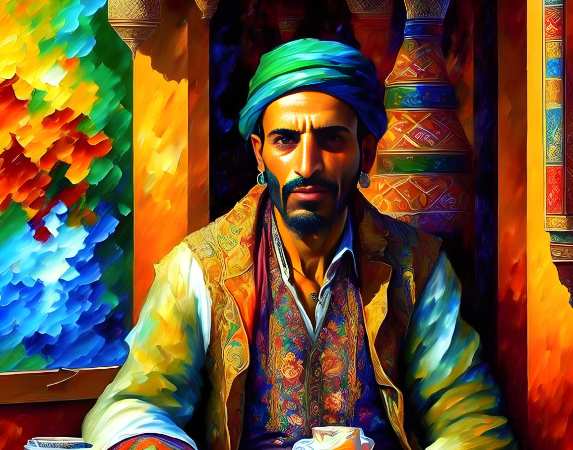 Vibrant digital art of a man in traditional attire with a turban