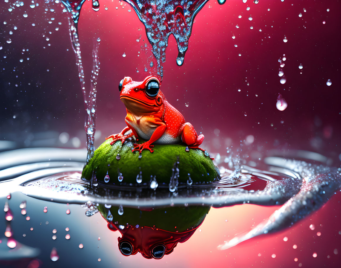 Red frog on green leaf with water droplets and reflection.