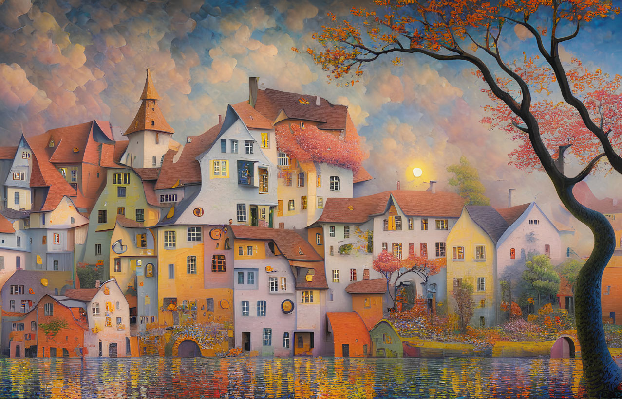 Picturesque village with storybook houses near river and autumn foliage