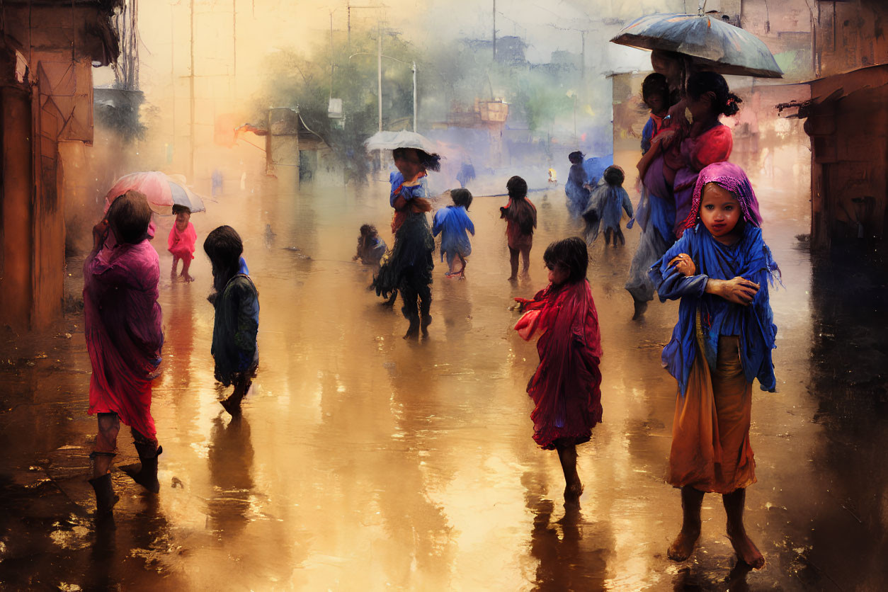 Flooded Street Scene with Wading People and Children Watching