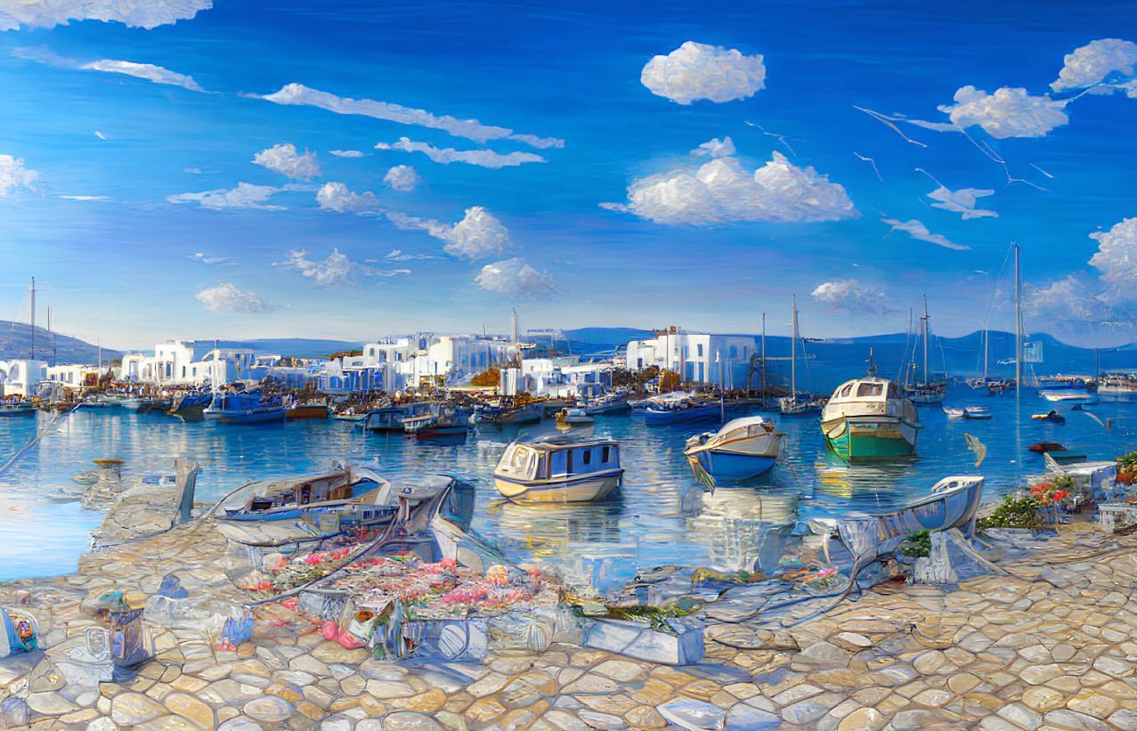 Boats, Blue Skies, White Buildings: Picturesque Coastal Harbor