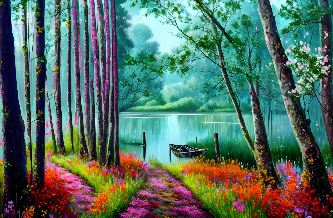 Scenic forest pathway with colorful flowers and serene lake view