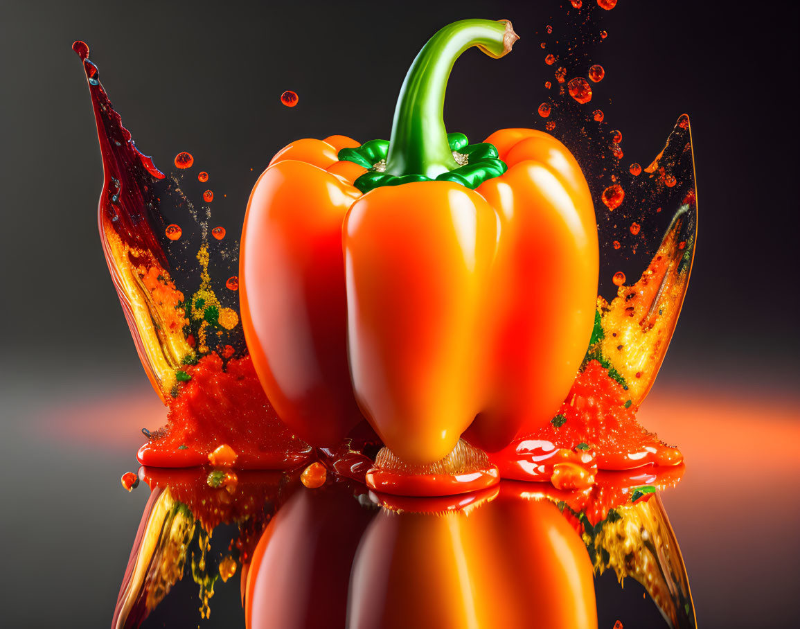 Fresh red bell pepper with juice splashes on dark background