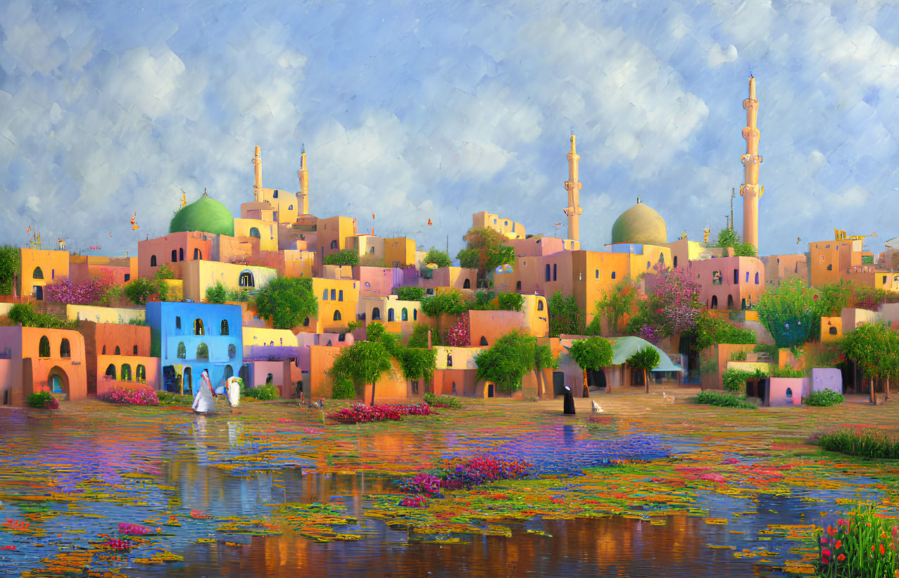 Vibrant painting of Middle Eastern town with domes, minarets, and river scene.