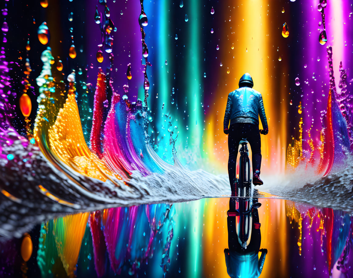 Biker riding through vibrant water walls with colorful reflections