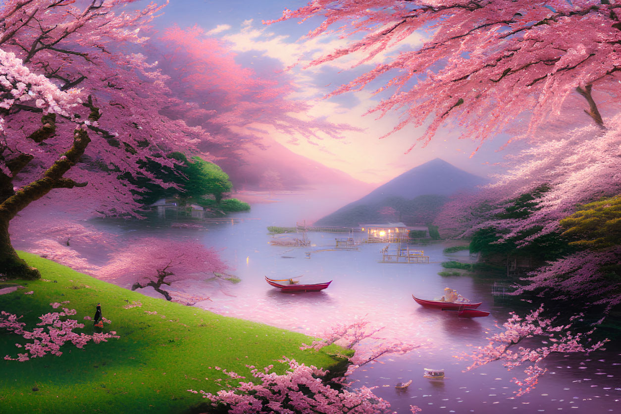 Tranquil Cherry Blossom Landscape by a Lake