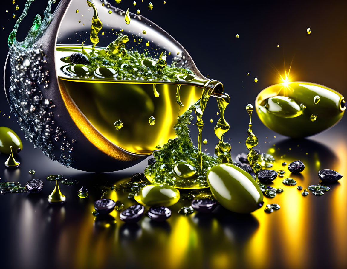 Vibrant coffee bean and liquid splash art in green and gold colors