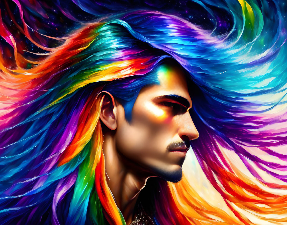 Colorful Profile Portrait of Man with Flowing Cosmic Mane