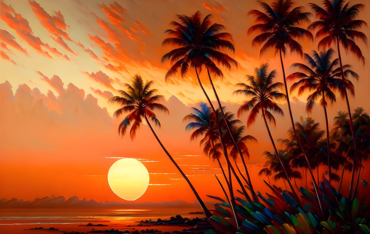 Tropical beach sunset with palm trees, orange sky, fluffy clouds