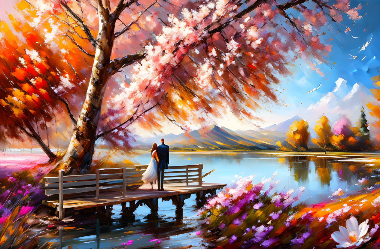 Couple on wooden pier under autumn tree by calm lake