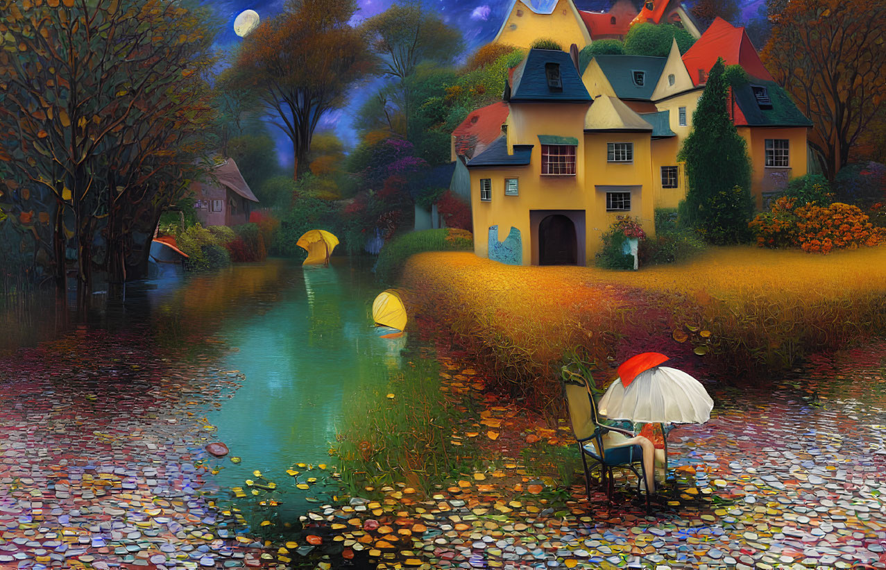 Vibrant autumn landscape with whimsical house, floating umbrellas, open book, coins, and