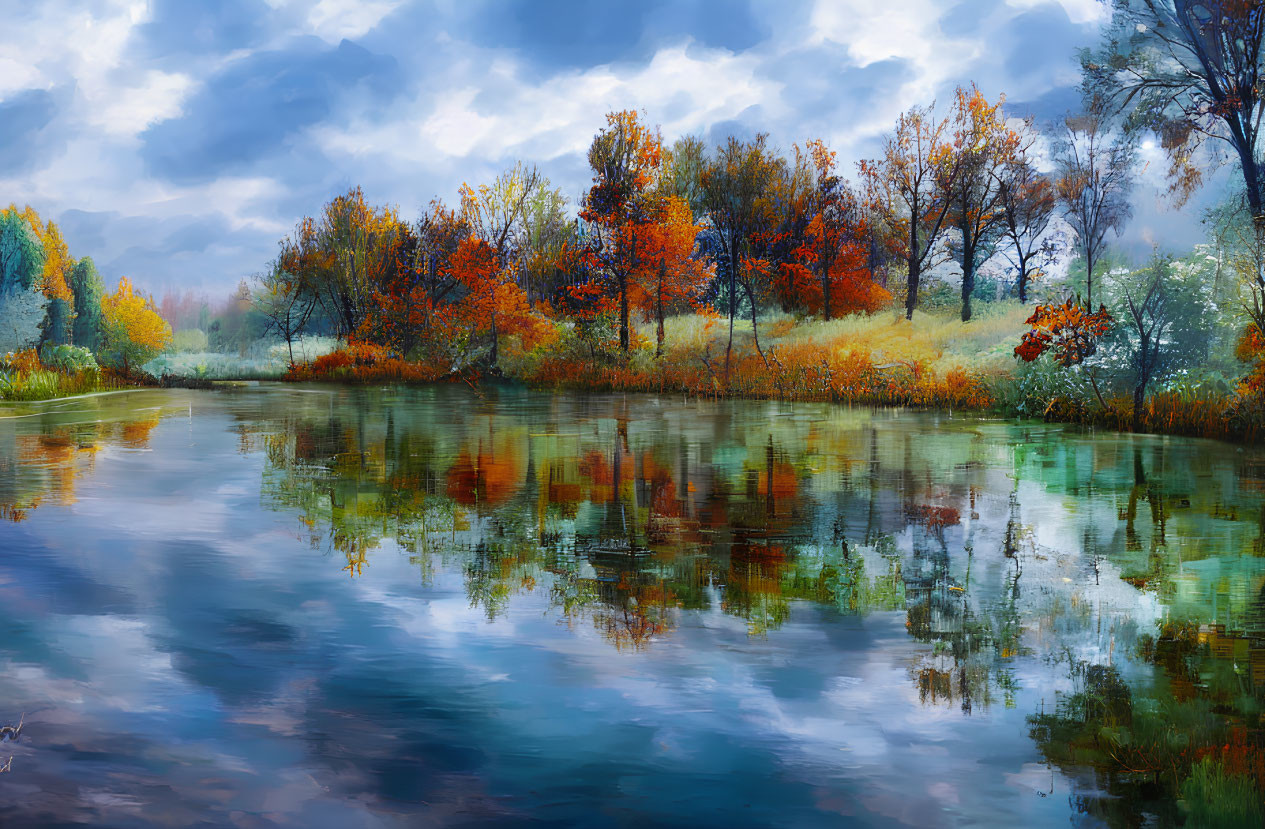 Colorful Autumn Trees Reflecting in Calm Water Under Cloudy Sky