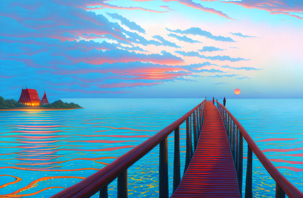 Digital artwork of wooden pier over tranquil waters at sunset