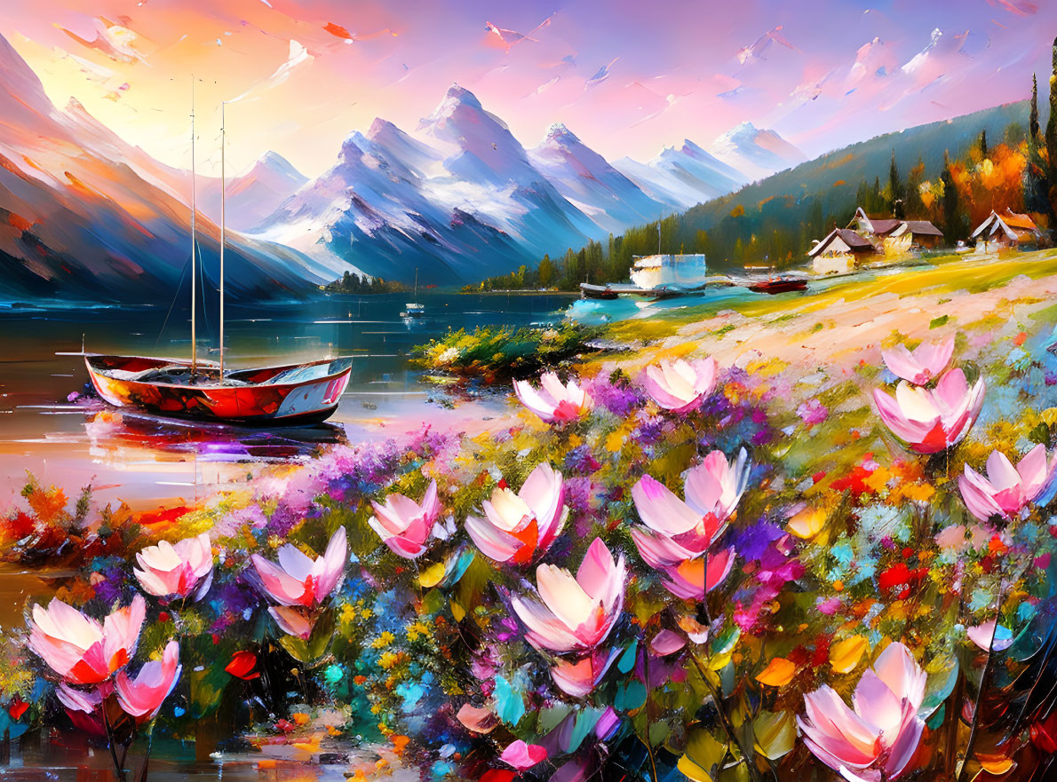 Lakeside scene with boat, blooming flowers, houses, mountains, colorful sky