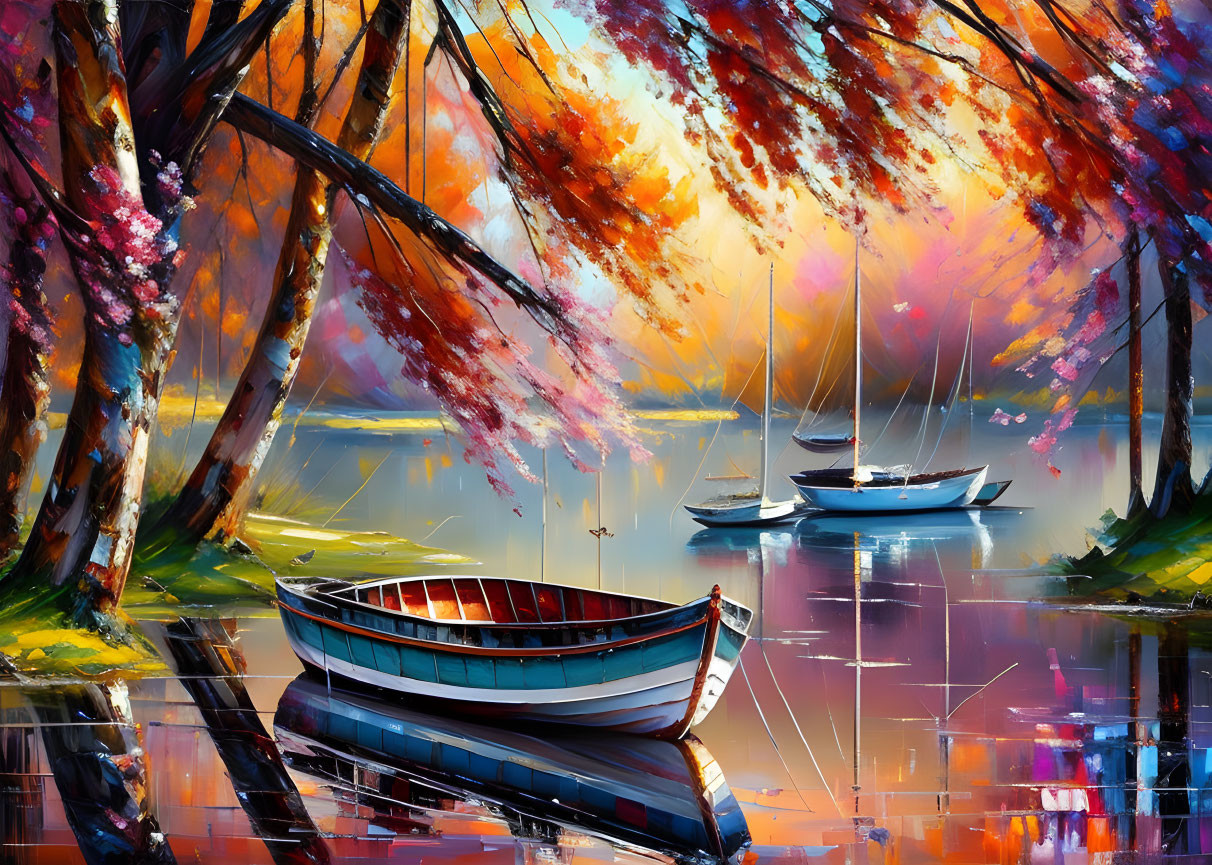 Colorful Autumn Landscape with Trees, Lake, Boats, and Dynamic Sky