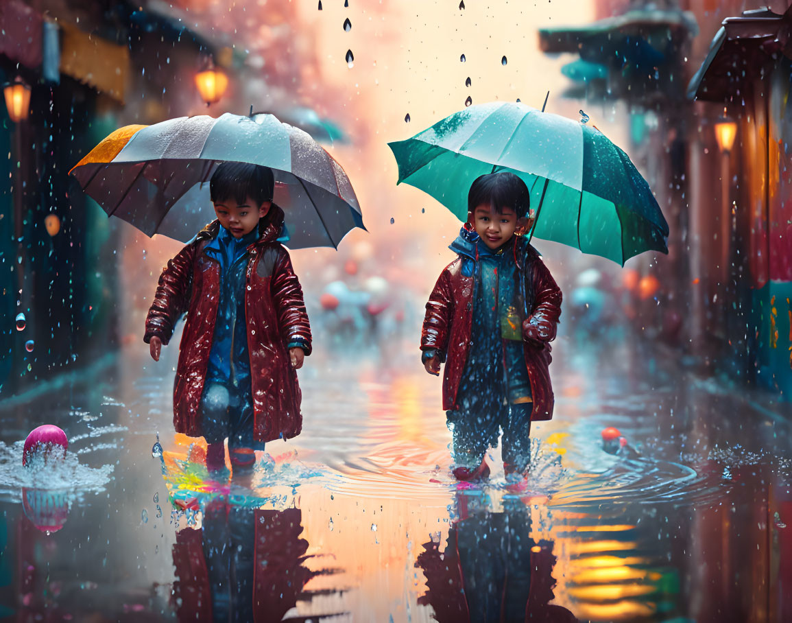 Children with umbrellas playing in colorful rainy street